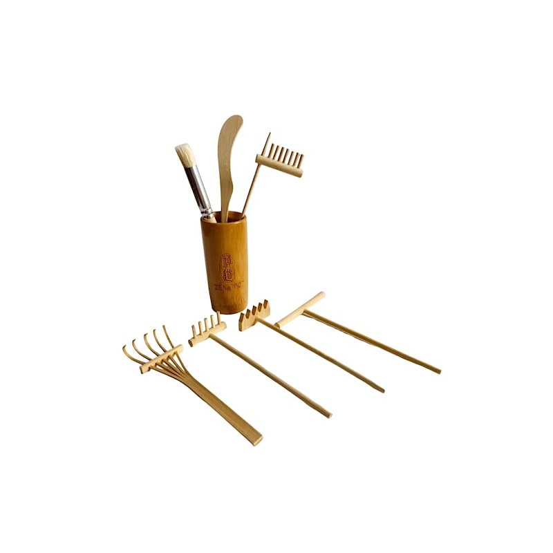 ZEN&TAO Natural Bamboo/Wood Made Miniature Six-Pieces Zen Garden Toolset Accessories