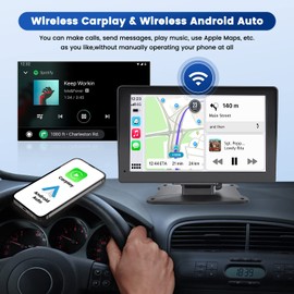 Hikity 7 Inch Wireless Apple Carplay Android Auto Screen, Portable Car Stereo with Dash Mount, Car Touch Screen Radio with Airplay Bluetooth FM Transmitter AUX Cable