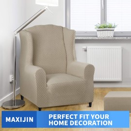 MAXIJIN Wingback Chair Covers 1-Piece Stretch Wing Chair Covers Soft Thick Wingback Armchair Slipcover Non-Slip High Back Chair Furniture Protector Washable (Wing Chair, Khaki)