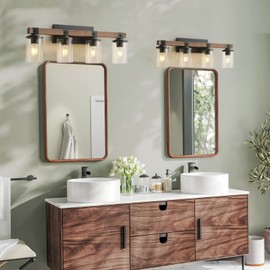 Bathroom Vanity Light Fixtures 4 Lights, Wooden Farmhouse Vanity Lights Rustic Bathroom Lights Over Mirror with Clear Glass Shade Black Industrial Wall Sconce for Bathroom Bedroom Hallway Kitchen