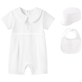 pureborn Baby Boys Baptism Outfits Short Sleeve Christening Romper Cotton One-Piece Outfit with Bonnet and Bib 3 Pcs White Newborn