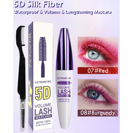 5D Silk Fibre Eyelashes, Waterproof with Eyelash Comb Brush, 2 Colours, Red and Burgundy, Waterproof, Extension, Voluminous, Durable, Cosplay Party Use, Colourful Eye Make-Up, 7+8
