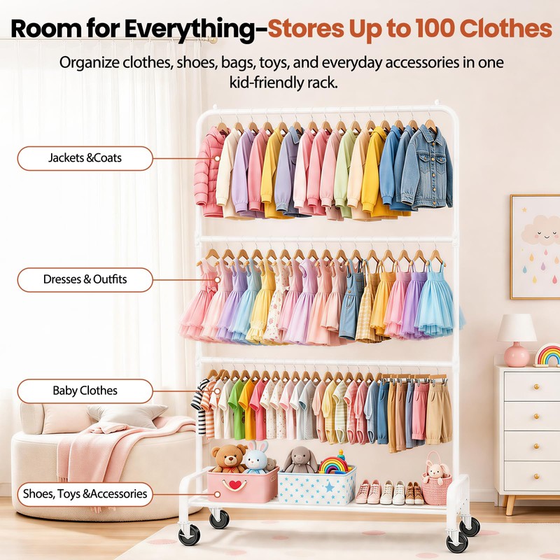 Heavy Duty Kids Clothing Rack Rolling Large Storage Capacity Dress