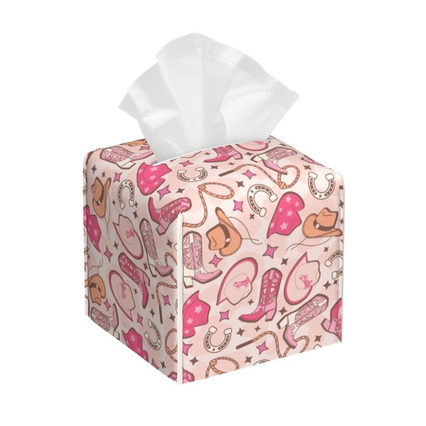 Cowgirl Hat and Boots Square Leather Tissue Box Cover 5.2"X5.2"X5.2"
