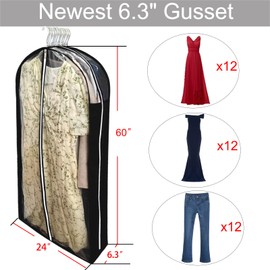Extra Long Dress Bags for Gowns with 6.3" Gusset, 60" Clear Moth Proof Garment Bags for Hanging Clothes, Dresses Covers and Side Zipper Protector for Storage Clothing, Closet and Travel 3 Packs