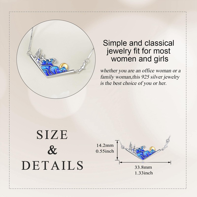 YAFEINI Wave Necklace Sterling Silver 3D Ocean Wave Sun Pendant