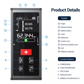 Bauihr Telémetro Láser Bilateral, Medidor Laser de Distancia 120m, Medición de Distancia/ Área/ Volumen/ Pitagórico/ Ángulo, Con Pantalla LCD Retroiluminada Giratoria, Recargable USB, Diseño Magnético