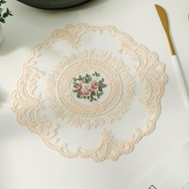 Embroidered Placemats Set of 4, Retro Handmand Place Mats Vintage Cup Vase Table Mat for Dining Table Kitchen Party -Beige, 4PCS