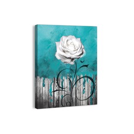 Wall Art for Bathroom Canvas Wall Decor Teal Theme White Rose Painting Pictures for Bedroom Modern Abstract Flowers Wall Decor for Office Framed Artwork for Kitchen Home Wall Decoration Size 12x16