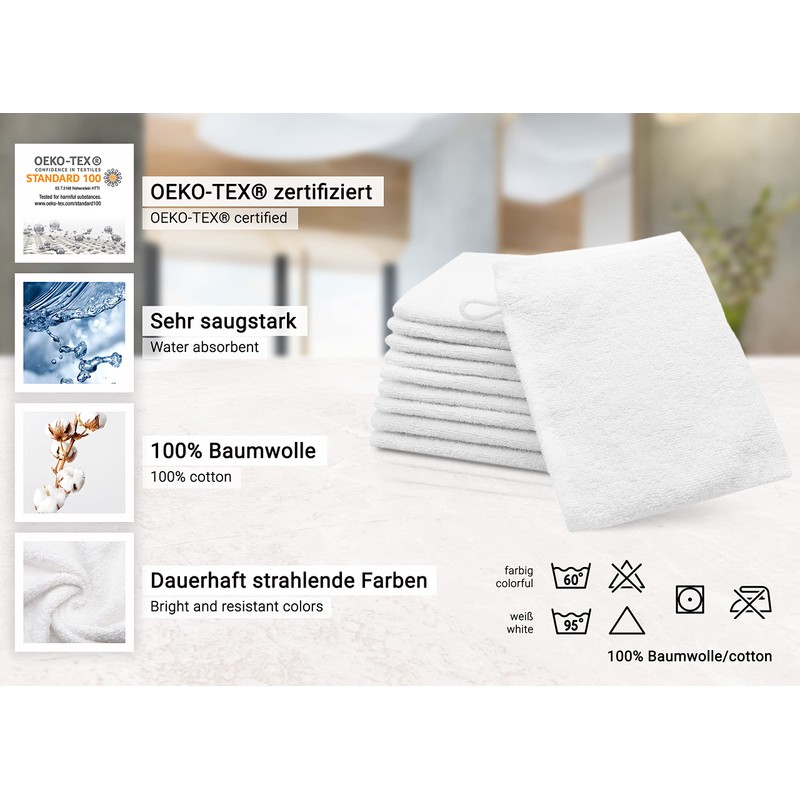 ZOLLNER 10er Set Waschhandschuhe, Waschlappen, 16x21 cm, Baumwolle, weiß