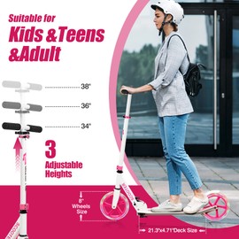 Kick Scooter for Kids- Folding Sport Scooters with Big Wheels, Foldable Kick Scooters w/Adjustable Handlebar, Rear Brake, Lightweight Design-220 Lbs Weight Capacity