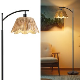 Oneach Boho Rattan Floor Lamp for Living Room, Farmhouse Standing Lamp with Hand-Woven Shade, Black Metal Base & Pole, Foot Switch - Corner Reading Lamp for Bedroom