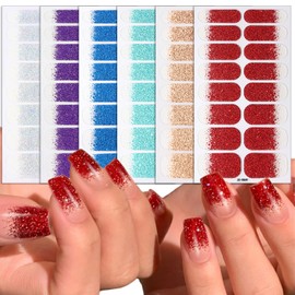 6 Sheets Glitter Glossy Gel Full Wrap Nail Stickers Solid Color Gel Nail Polish Strips Self Adhesive Design Long Lasting Nail Polish Strips for Women DIY Manicure Decoration