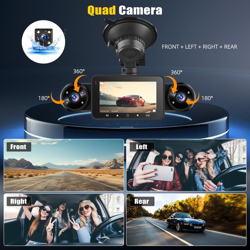 4 Channel Dash Cam Front and Rear Inside Left Right,3”