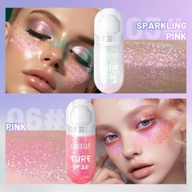 DAGEDA 2Pcs Body Glitter, Roll-on Holographic Glitter Makeup for Body Hair Face, Color Changing Hair Glitter Under Light, Body Shimmer Mermaid Face Glitter for Festival Party (Sparkling Pink+Pink)