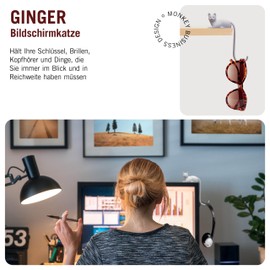 Monkey Business Ginger The Cat Tail Computer Monitor Hook Tight Spaces Hanging Keys Accessories Within Reach (White)