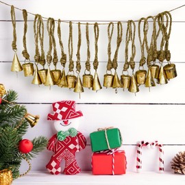 Mie Creations Set of 20 Rustic Vintage Tin Bells, Handmade Christmas Bells on Jute Rope, Decorative Christmas Tree Ornaments, 2inch Jingle Bells for Crafts, Metal Hanging Wreath Cowbells- Antique Gold