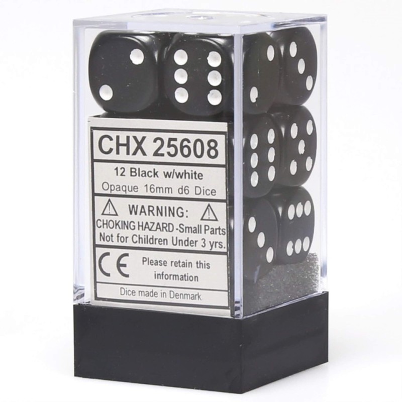 Chessex Dice Set 12 D6 16Mm Dice Black with White
