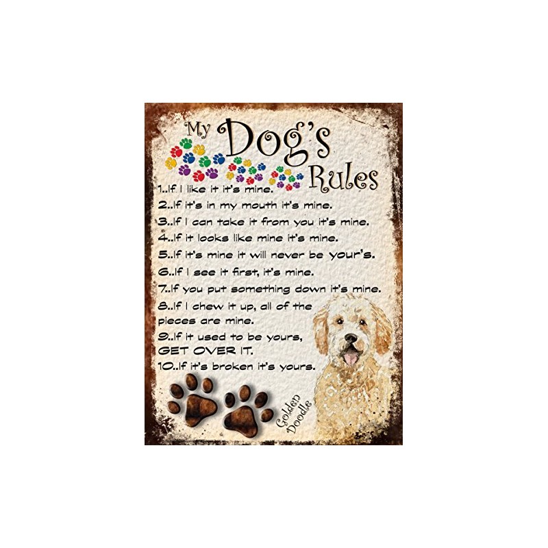 SHAWPRINT MY DOG'S RULES RETRO STYLE METAL TIN SIGN/PLAQUE GOLDEN