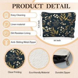 RYYCDOI Vintage Boho Floral Makeup Bag, Dark Moody Wildflowers Floral Cosmetic Bags for Women, Dark Cottagecore Botanical Plant Zipper Makeup Pouch