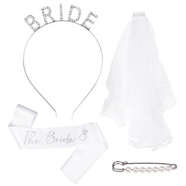 DADERXY 4Pcs Bride Headband with Veil Set, Bachelorette Sash and Tiara for Party Wedding Bridal Shower