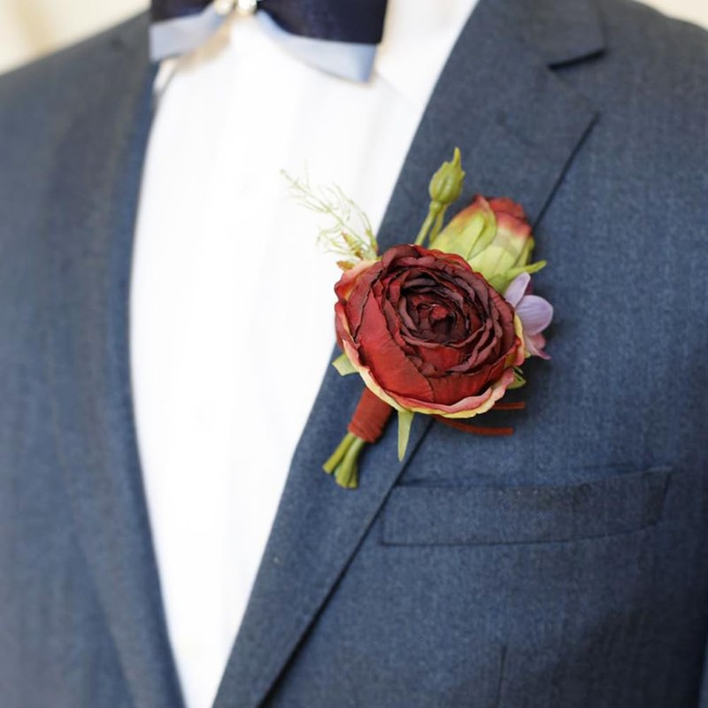 MAFELOE Corsage Boutonniere Set, Burgundy, 2 Pieces (X1-DB)