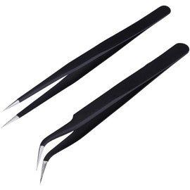Lash Tweezers, Pack of 2 Stainless Steel Tweezers for Eyelash Extensions | Straight and Curved Tip Eyelash Tweezers | False Lash Application Tools (Pack of 2, Black)