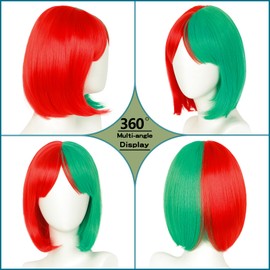 BEAUEXE Red and Green Wig with Bangs Short Straight Bob Wig Half Red Half Green Synthetic Wig for Costume Party