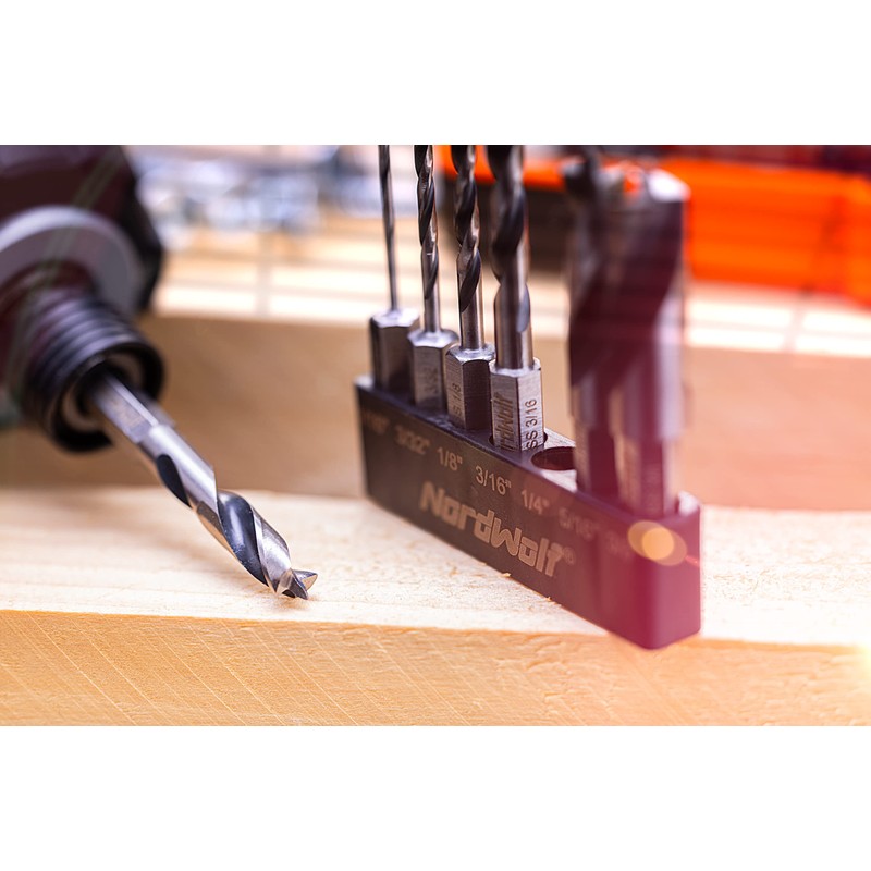 NordWolf 7-Piece HSS Brad Point Stubby Wood Drill Bit Set