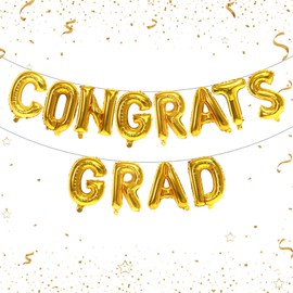 HILAVO 12pc Gold Congrats Grad Balloons, Banner & Straw for Graduation Decorations 2025