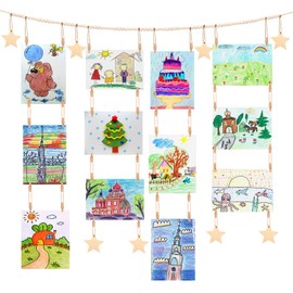 Dexspoeny Art Display for Kids Artwork on Wall with 72 Clips, 48 Twine, Boho Bedroom Living Decor Wooden Stars Beads Garland Decor for Hanging Picture