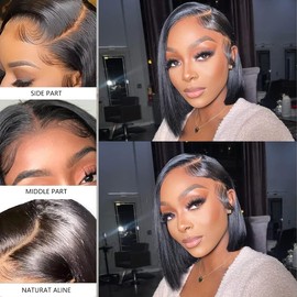 4X4 Lace Front Wigs Human Hair Straight Bob Wig Human Hair Short Wigs for Women Human Hair Pre Plucked 150% Density Glueless Perruque Femme Humain Naturel Black 10 Inch