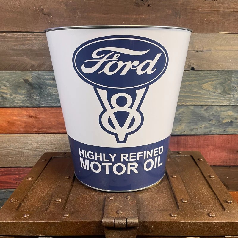 Ford V8 Tapered Metal Trash Bin Can Wastebasket Home Man