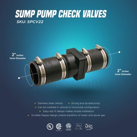 SUPPLY GIANT TQDW44 Plastic Sump Pump Check Valve with PVC Adapters and Stainless Steel Clamps, 2 in. X 2 in, Black