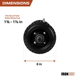 Iron Forge Tools Fence Gate Wheel - 6 Inch Rolling Gate Wheels for Wooden or Metal Tube Gates - Heavy Duty on 7 in Axle - Adjustable Steel U-Bolts for Easy Mounting