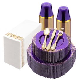 Bestluck 350PCS Clear Purple Plastic Plates for 50 Guests, Disposable Plates with Gold Trim include 50 Dinner plates, 50 Dessert Plates, 150 Gold Silverware, 50 Cups, 50 Napkins for Wedding & Party