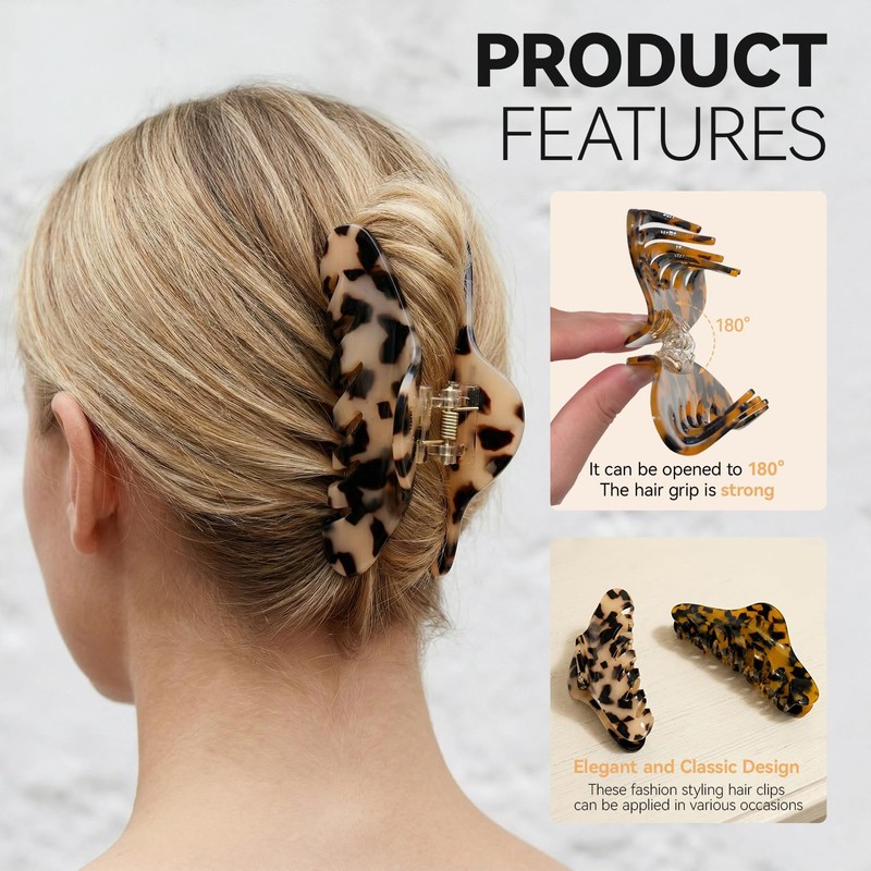 2 Pack Large Claw Clips for Thick Hair, Tortoise Shell