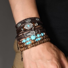 Western Bracelets Turquoise Leather Stackable Bracelets for Women Men - Boho Cowboy Cowgirl Multi-Layer Beaded Bracelet for Country Concert, Western Outfit, Daily Wear - Trendy Fashion Jewelry Accessory Ox Head