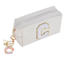 Atiyaer Letter C Charm Keychain with Initial Leather Waterproof Cosmetic Makeup Bag Keyholder for Women