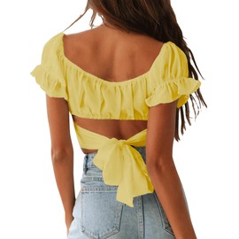 LYANER Women's Cute Short Sleeve Tie Up Back Crop Top Off Shoulder Bardot Blouse Baby Yellow Medium