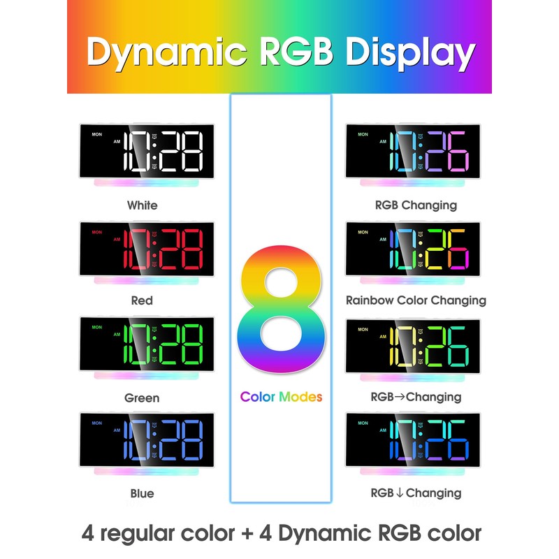 Cadmos Modern Curved Cute Digital Alarm Clock,Colorful Led Display,Adjustable Volume,Weekday/Weekend