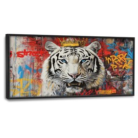 Olivine Banksy Large Wall Art, Graffiti Tiger Pictures Wall Decor, Tiger Painting, Street Pop Animal Canvas Prints, Framed Artwork for Dining Room Living Room Bedroom Bathroom Office Home 60"x30"
