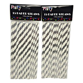 Metallic Silver Striped 15 Paper Straws – 2 Pack