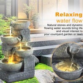GIODIR 22" Outdoor Garden Water Fountains, 4 Tiers Cascading Resin Waterfalls Fountains with LEDs & Bowls, Modern Indoor Freestanding Patio Fountain for Patio, Deck, Yard as Home Decor (Light Gray)