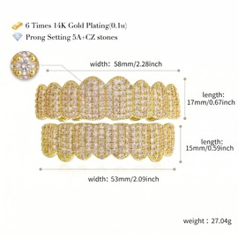 JINAO Hip Hop Grillz Iced Out 8 Teeth Top Bottom Set for Men Women Golden 14K Gold-Plated Brass 5A CZ Stones Rapper Costume Accessory