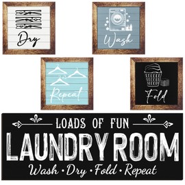 Yerliker Set of 5 Laundry Room Decor for Wall Laundry Room Sign Farmhouse Wooden 7 x 7 Inch Wash Dry Fold Repeat Signs Rustic Wall Art Decor for Bathroom Home (Multi Color, Large)