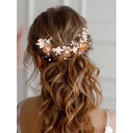 Evlry Wedding Flower Hair Vine Gold Beads Headpiece Wedding Bridal Hair Accessories for Women and Girls