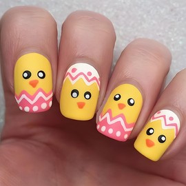 Easter Square Press on Nails Short Matte False Nail Kits with Cute Eggshell Yellow Chick Design Stick on Nails for Easter Gift Acrylic Fake Nails Sets for Women Girls 24pcs