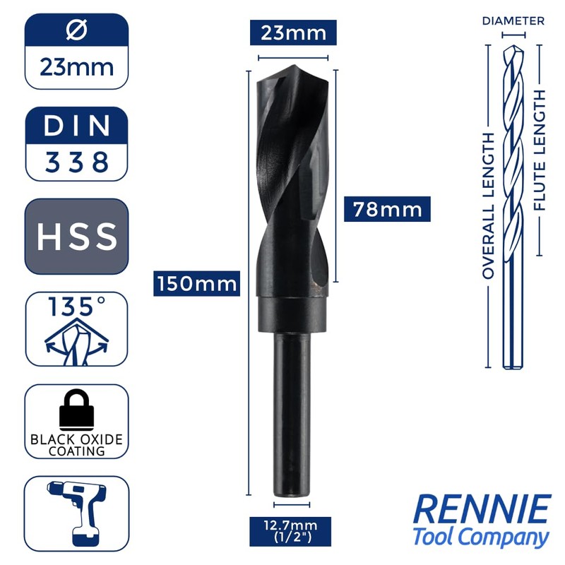 23mm HSS Blacksmith Drill Bit - Reduced Shank Drill for