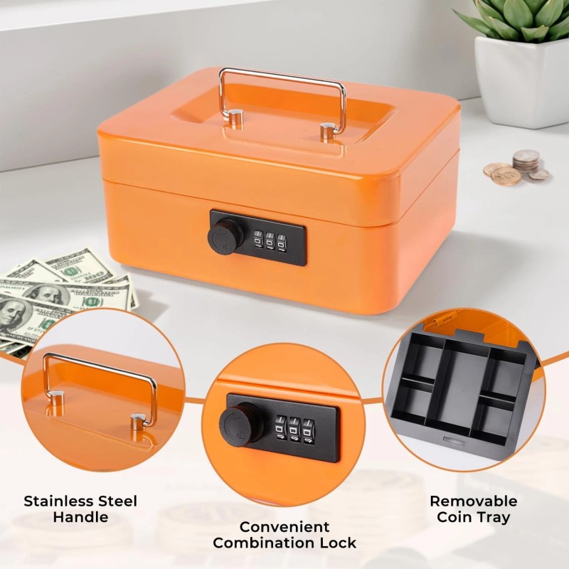Goehiaul Cash Box with Money Tray and Combination Lock Metal